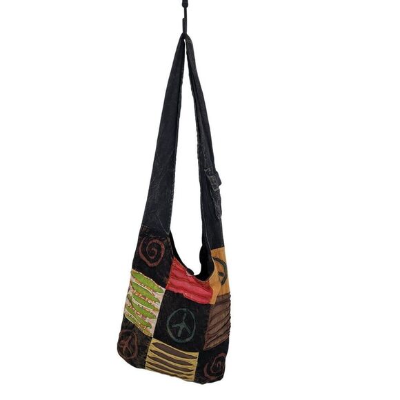 Handmade Black Patchwork Hobo Hippie Patchwork Crossbody Sling Bag Peace - Picture 10 of 10